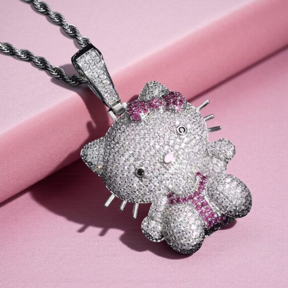 New Hello Kitty Bling Necklace with Iced Out Kitten Charm - with Gift box - Picture 2 of 4